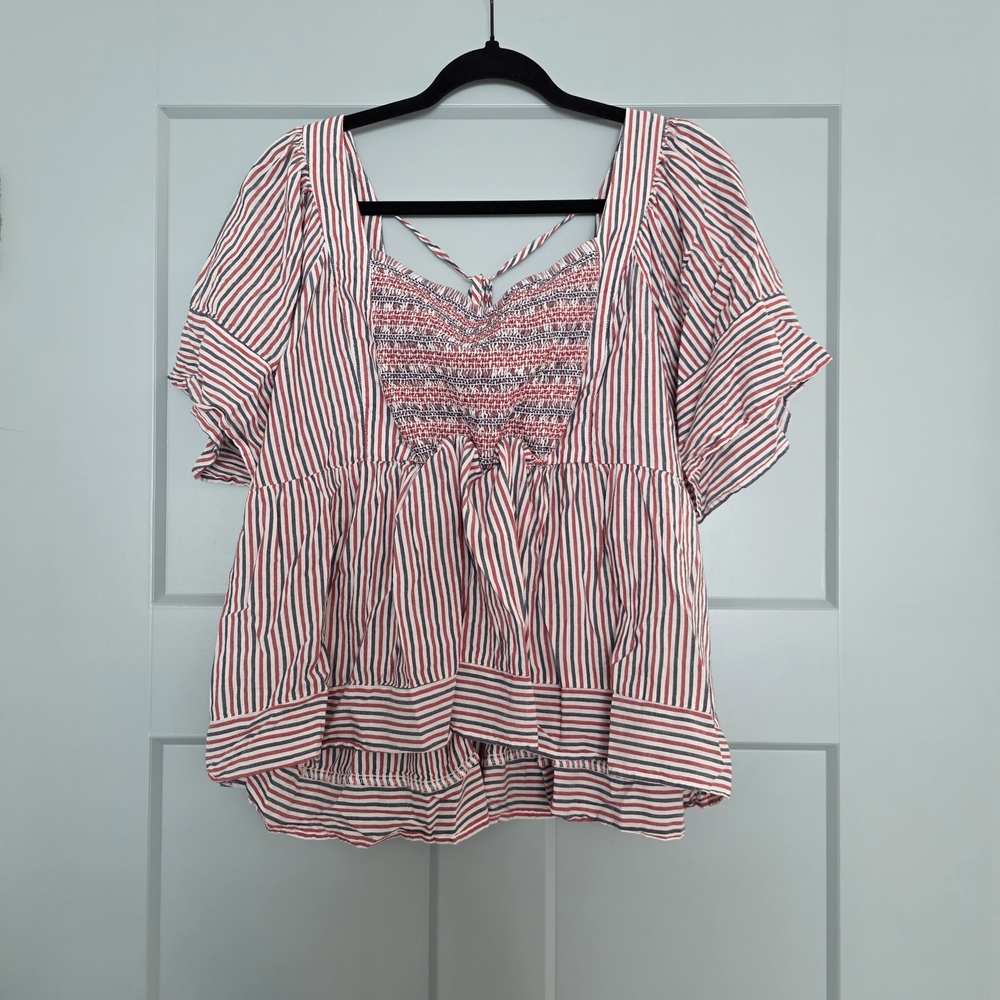 Old Navy XXL Smocked Babydoll Peasant Top Red White Stripe Flutter Sleeve